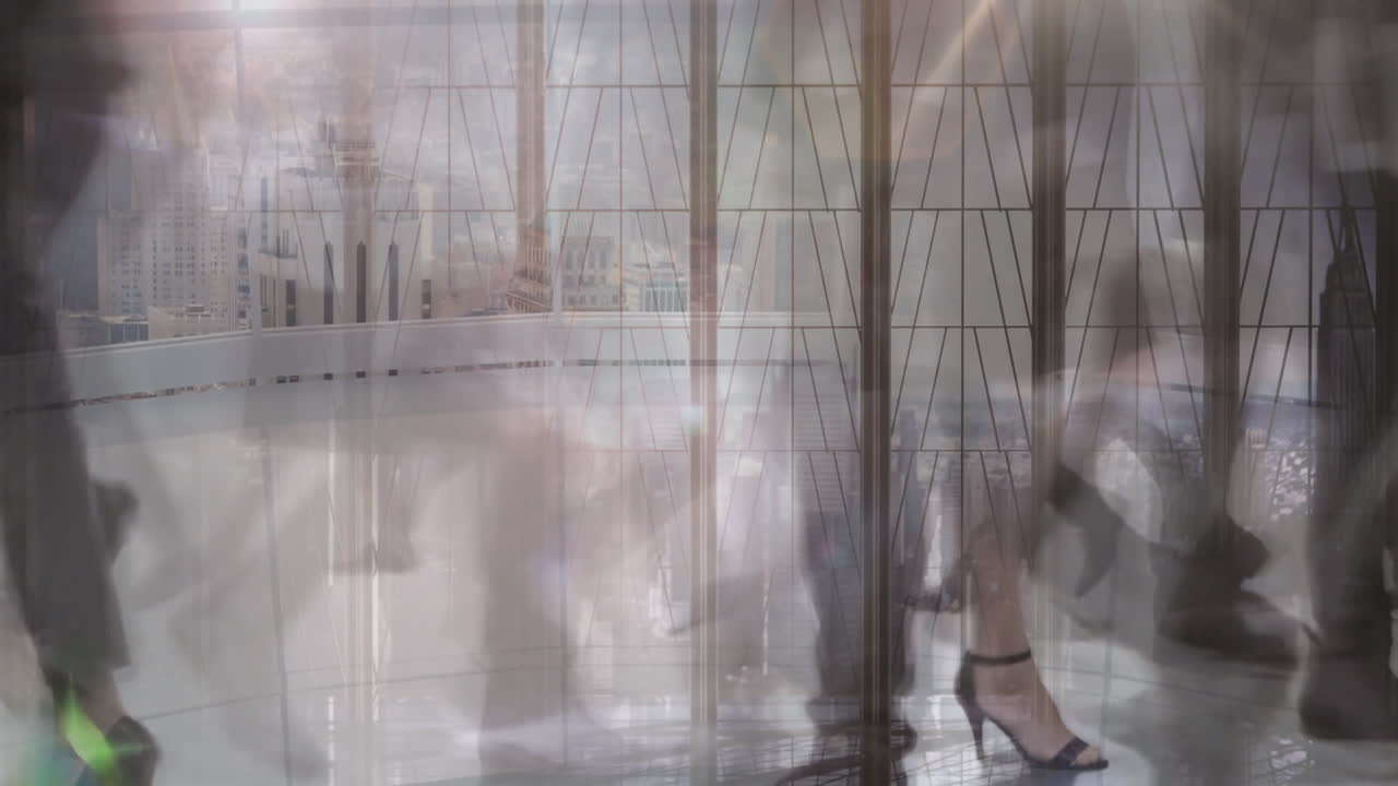 바쁜 통근자와 현대적인 사무실 4k