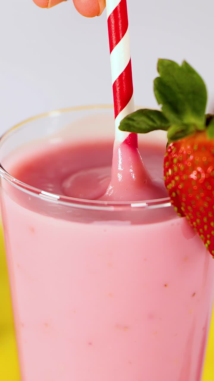 Una mano mescola un frullato rosa alla fragola in un bicchiere trasparente con una cannuccia a strisce rosse, con illuminazione brillante da studio.