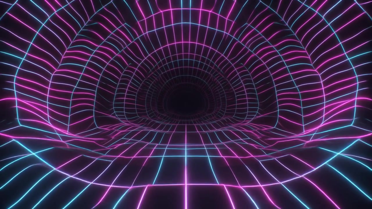 Animazione retro synthwave di un tunnel a griglia al neon