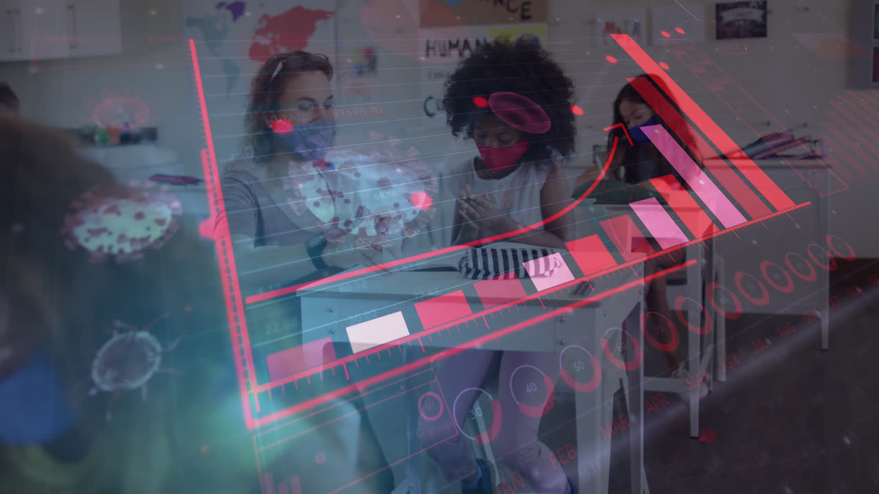 animación de estadísticas con el maestro y los niños en el aula usando máscaras faciales