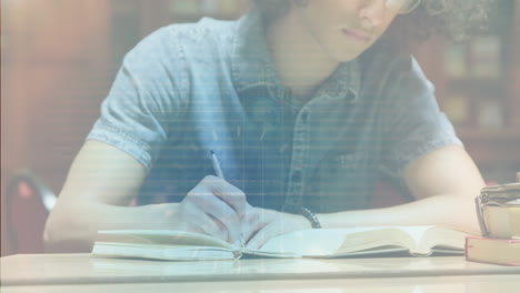 multiple screens with data processing over caucasian male student studying in library at college