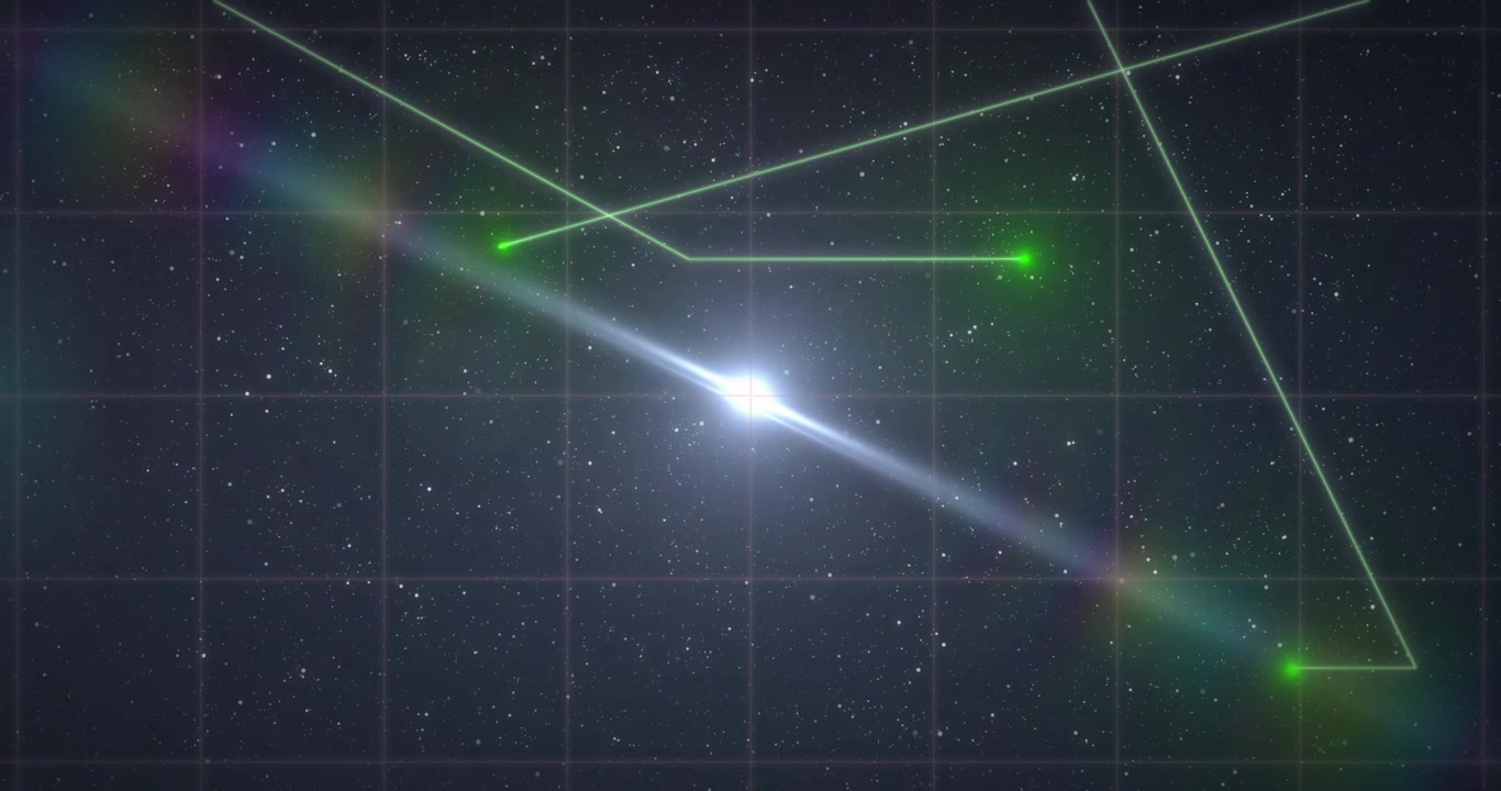 Nucleo bianco brillante che emette una scia prismatica, nodi verdi che entrano dall'alto, formando una marcatura a gabbia angolata