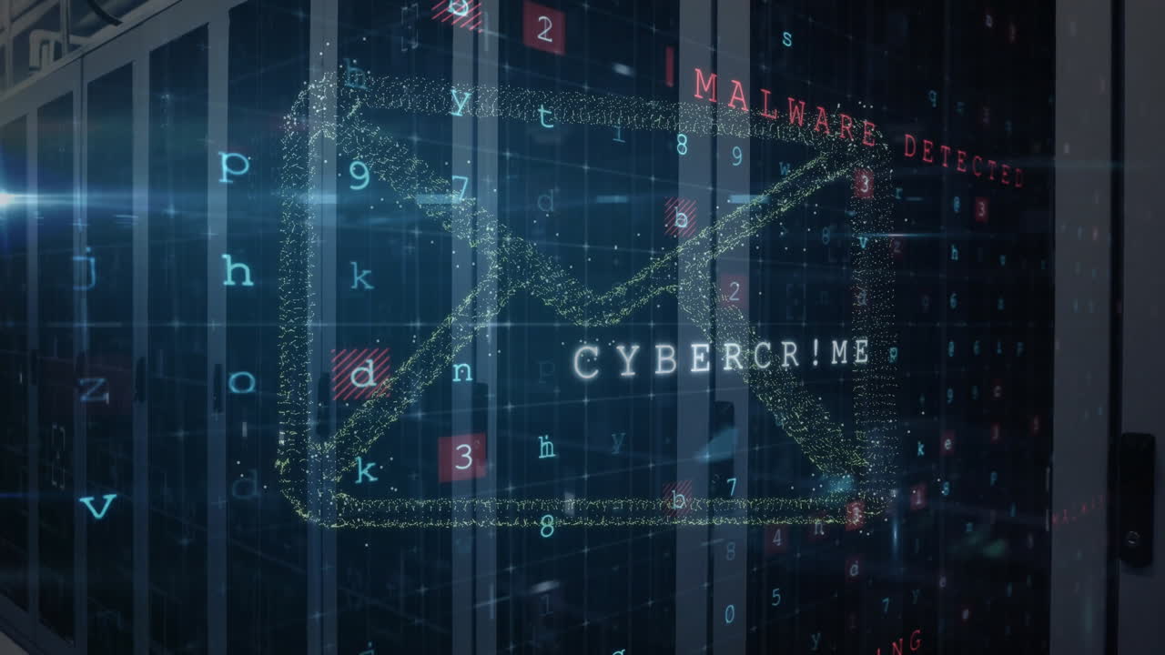 Animation of virus warning and digital data processing over computer servers
