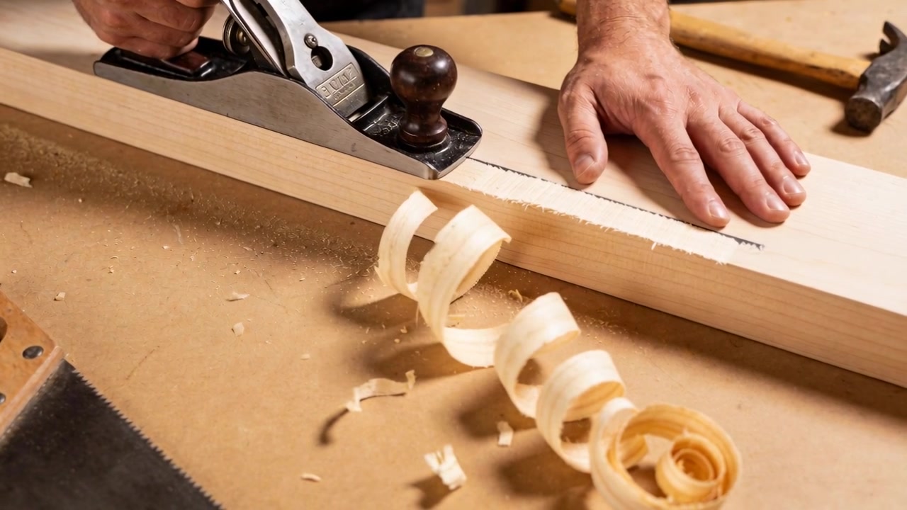 Lavoratore con le maniche arrotolate che spinge una pialla su un banco, creando trucioli a spirale per levigare un'asse.