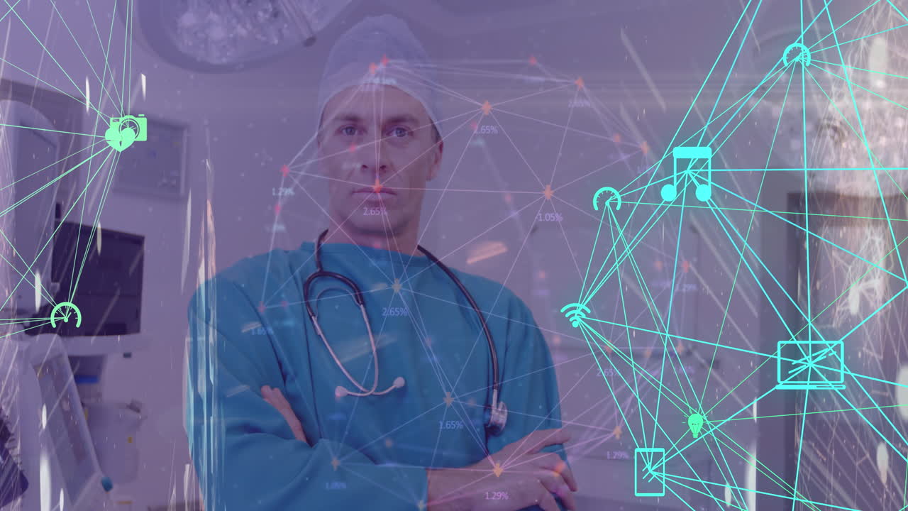 animación de una red de conexiones con iconos sobre un cirujano caucásico serio
