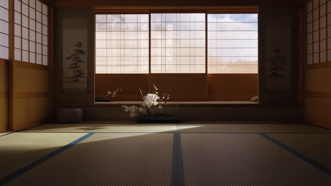Serene Traditional Japanese Room with Tatami Mats and Shoji Screens