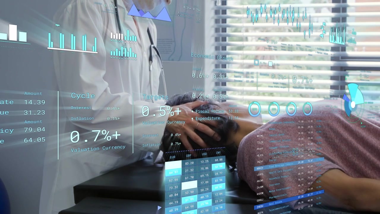 Clinician placing hands by patient's head, checking neck, doing medical exam with charts overlaid