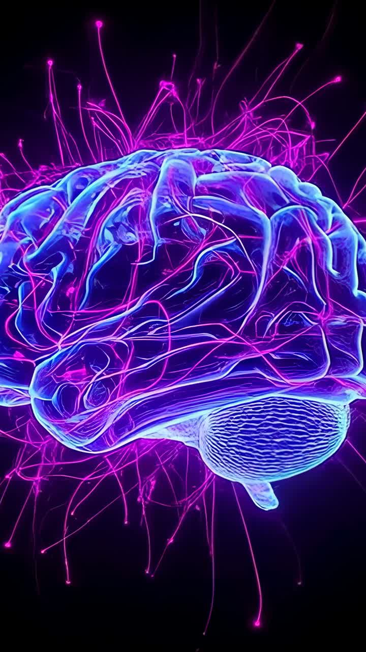Vertical video: Rotating brain model pulsing neon filament on start, showing activity in black void