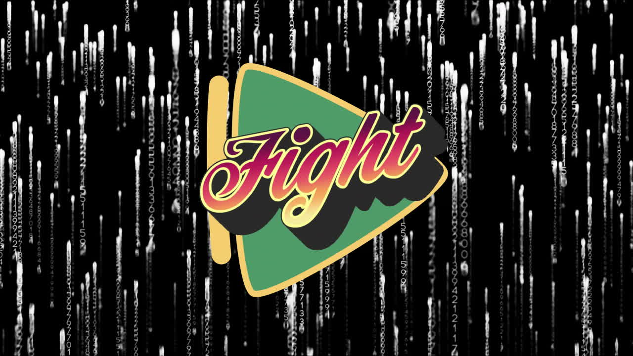 Colorful animation of fight text over black background with vertical white lines