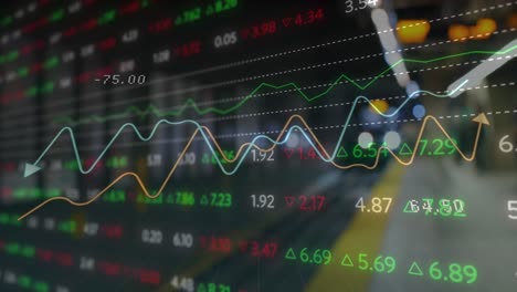 animación del procesamiento de datos del mercado de valores contra el tren que llega a la estación.