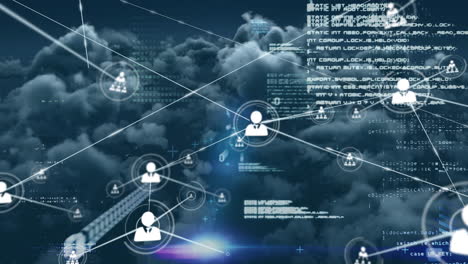 animation of network of connections with icons and data processing over sky with clouds