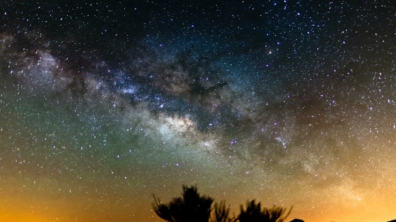 Time-lapse footage of a star-filled night sky with the Milky Way galaxy stretching across the horizon. Countless stars sparkle above silhouetted tree branches, while atmospheric hues of blue, purple