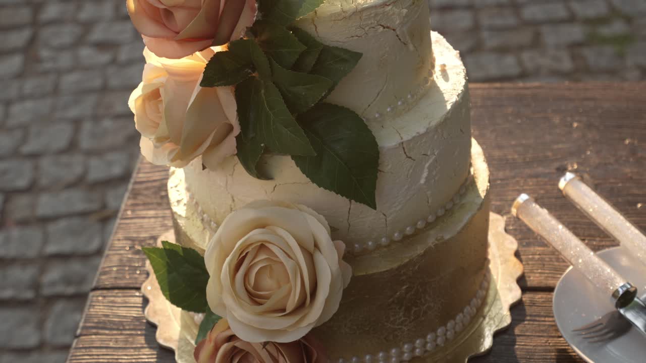 bolo de casamento rústico com decoração floral suave sob a luz quente do sol
