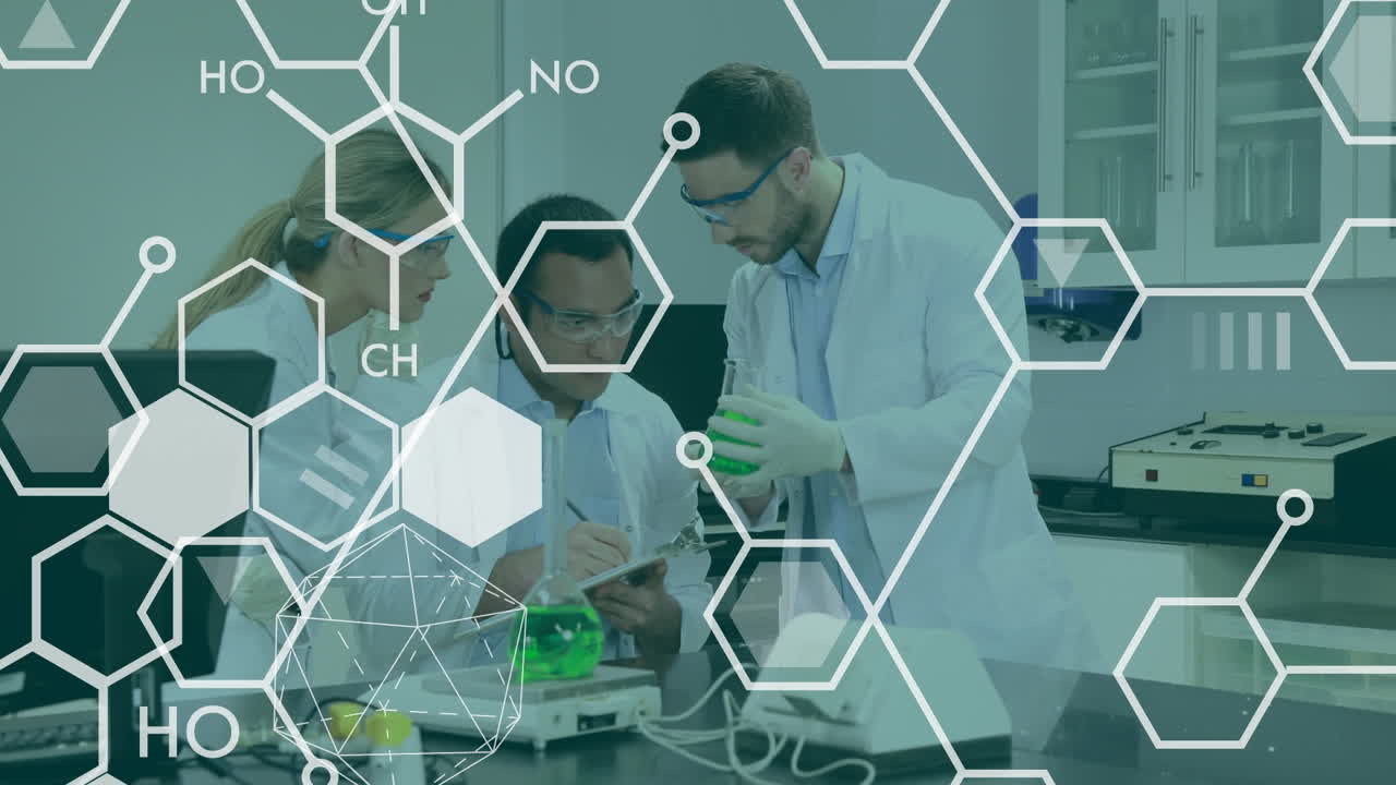 animación de estructuras químicas sobre diversos científicos hombres y mujeres que trabajan en el laboratorio