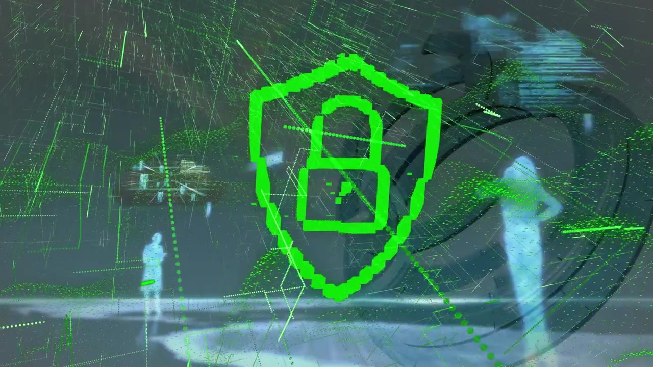 Cyber security padlock and green light trails over 3d businesspeople model against grey background