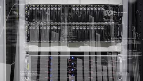 animation of data processing and diagrams over server room