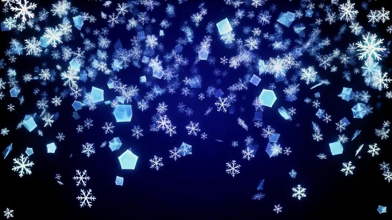 Falling Snowflakes and Blue Geometric Shapes on Dark Background