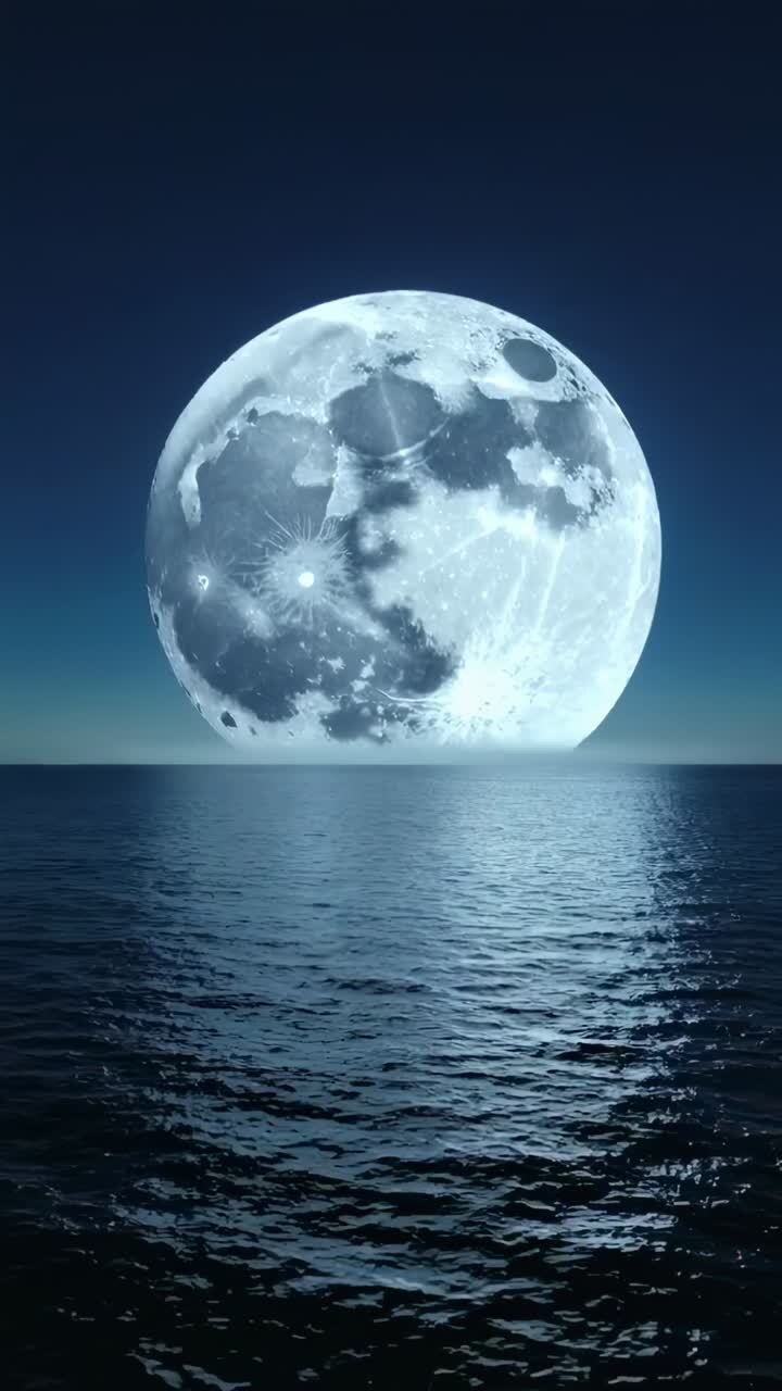 Vertikales Video: Aufgehender Vollmond, der sich nachts über dem Horizont über dem Meer verschiebt und Licht auf die Wellen wirft