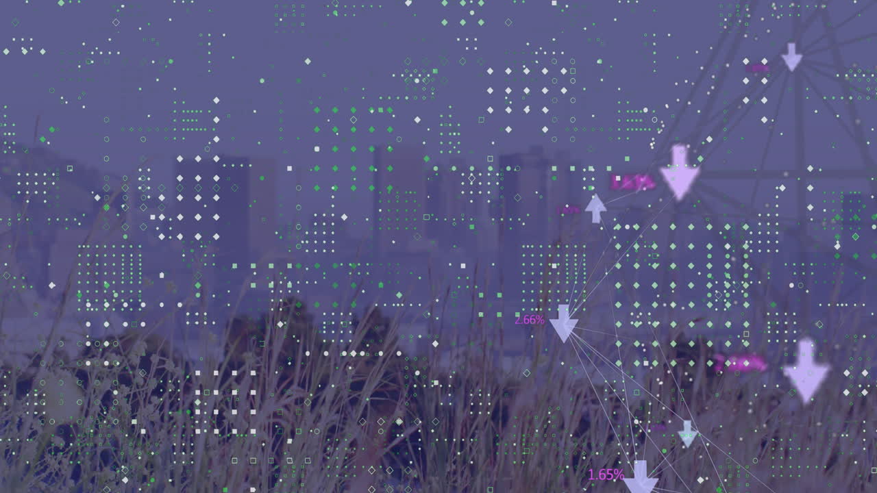 도시 풍경의 시야에 대한 디지털 아이콘과 점 패턴의 지구의 애니메이션