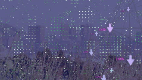 animación del globo de iconos digitales y patrón de puntos contra la vista del paisaje urbano.