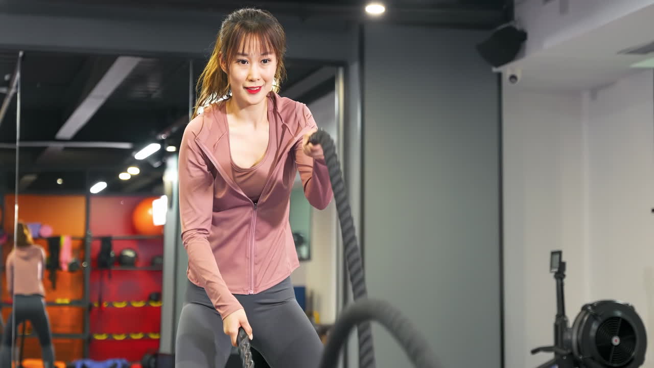 운동 체력 근육 여성 보디빌더 검은 전투 로프로 훈련 강렬한 운동 체력 견 운동 체육관에서 도전 건강 보디빌딩 피트니스 스포츠 클럽 장비