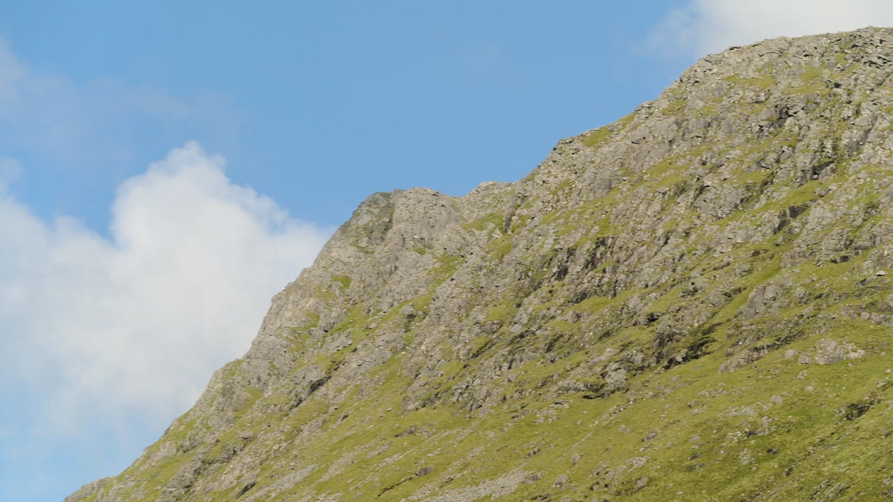 Shot panning from a blue sky to a rocky mountain on the Isle of Harris.