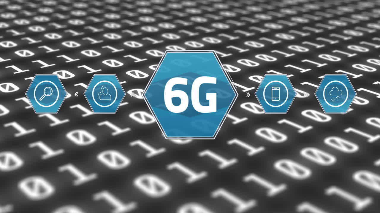 Animation of 6g text over data processing and media icons