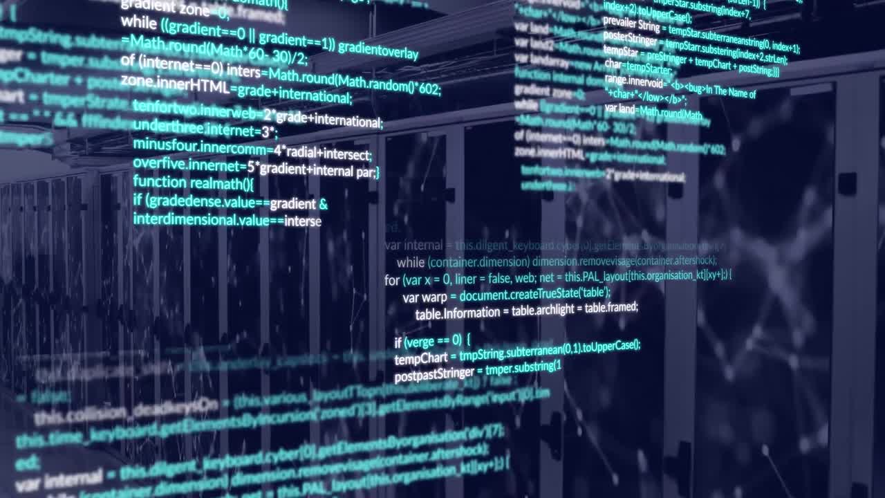 Animation of data processing and network of connections against computer server room