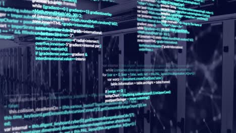 Animation-of-data-processing-and-network-of-connections-against-computer-server-room