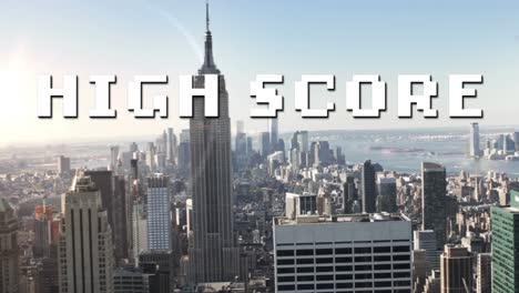 animation of high score text in white letters over cityscape