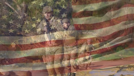 Animation-of-flag-of-usa-over-diverse-soldiers