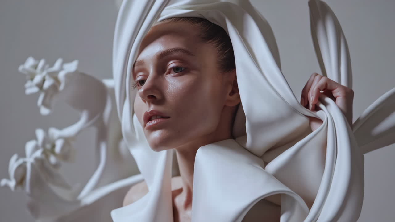 Elegant Woman in Avant-Garde White Sculptural Garment