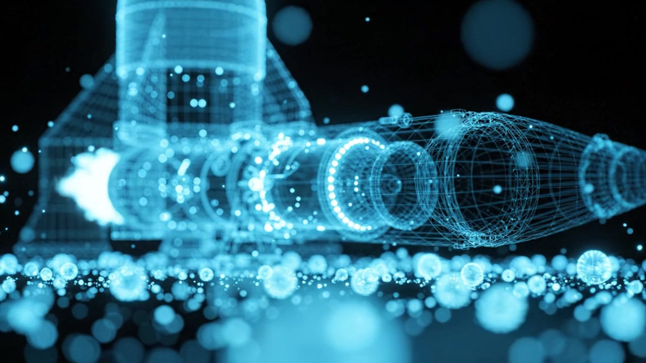Futuristic 3D Visualization of a Rocket Launching with High-Tech Wireframe Design and Particle Effects Showcasing Modern Aerospace Technology Innovations