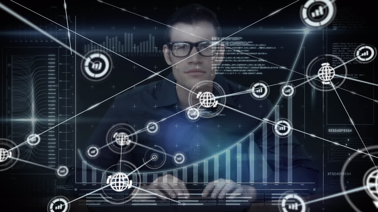 animación de una red de conexiones con iconos sobre un hacker caucásico usando una computadora