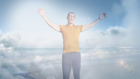 animation of glowing light over happy senior man by seaside