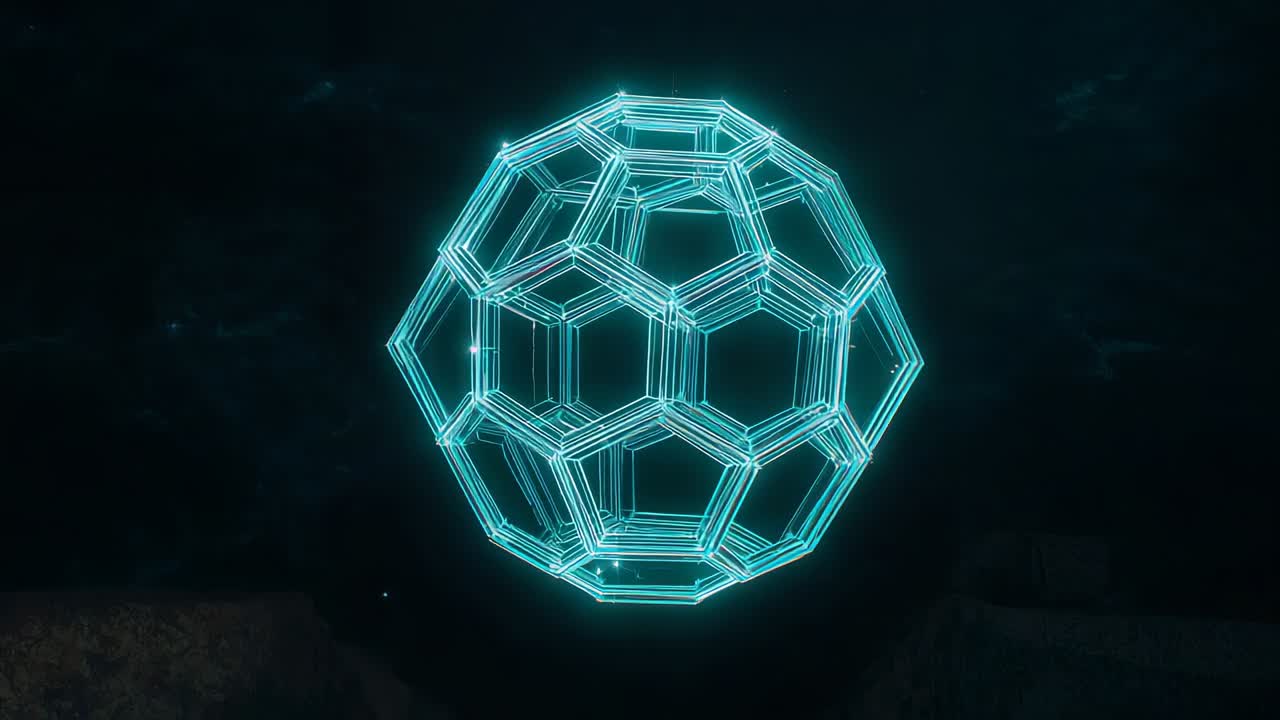 Rotating glowing cyan wireframe sphere starting front in dark void, pulsing glow revealing panels