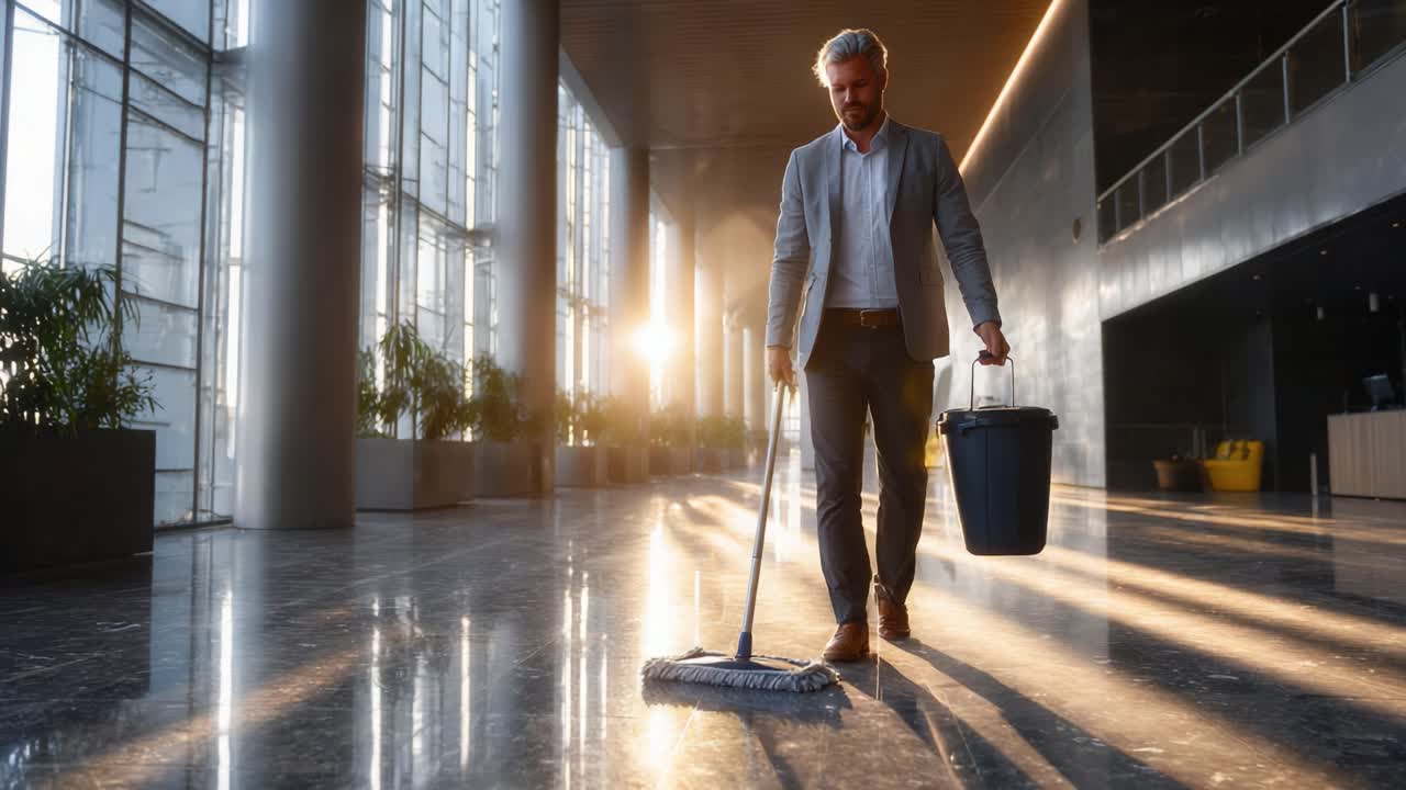 Man in Professional Attire Cleaning a Modern, Sunlit Lobby with a Mop and Bucket, Highlighting the Importance of Cleanliness and Professionalism in Workspaces