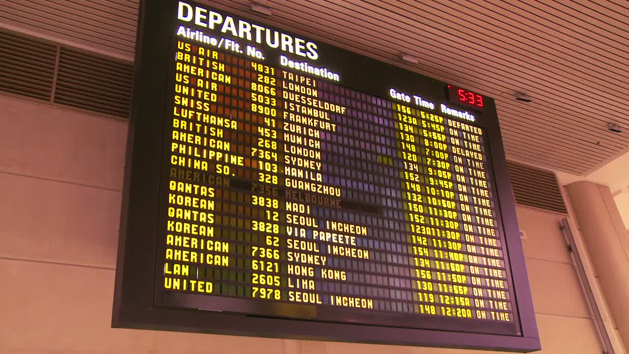 un tablero de salida del aeropuerto anuncia llegadas y salidas