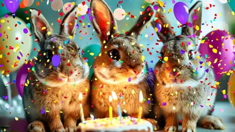 tres conejos sentados al lado de un pastel de cumpleaños con velas