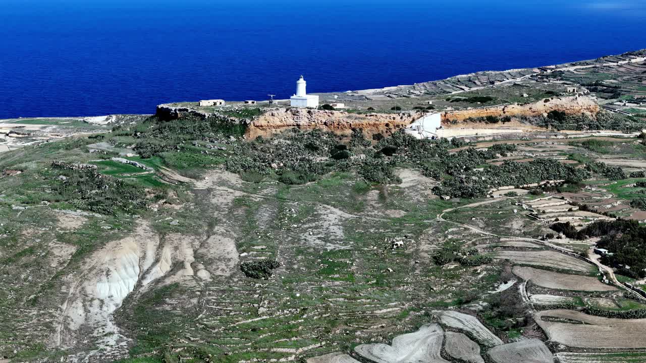 Laaja kamerakulma ilmasta kuvattuna: historiallinen valkoinen Ta Ġurdanin majakka seisoo kalkkikivikalliolla Gozossa, Maltalla. Majakkaa ympäröivät vihreät viljelykset kirkkaan kesätaivaan alla.