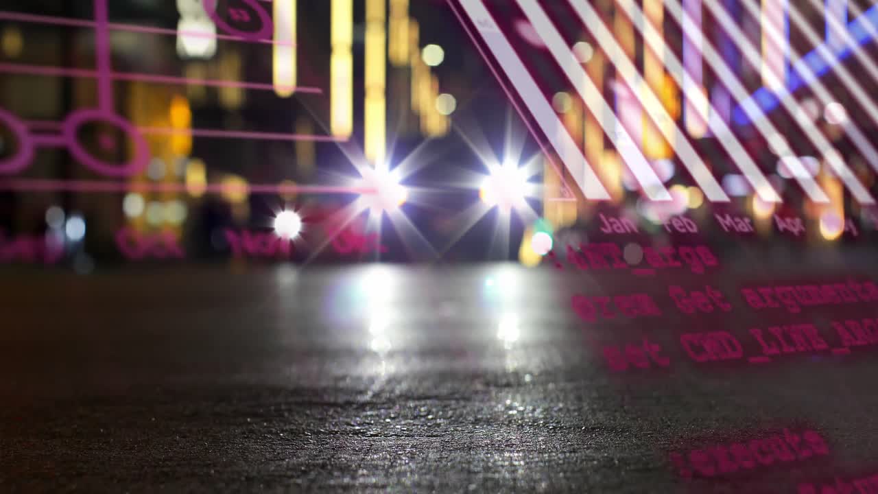 Animazione di elaborazione dati statistici sopra un globo rotante con lo sfondo del traffico notturno della città.
