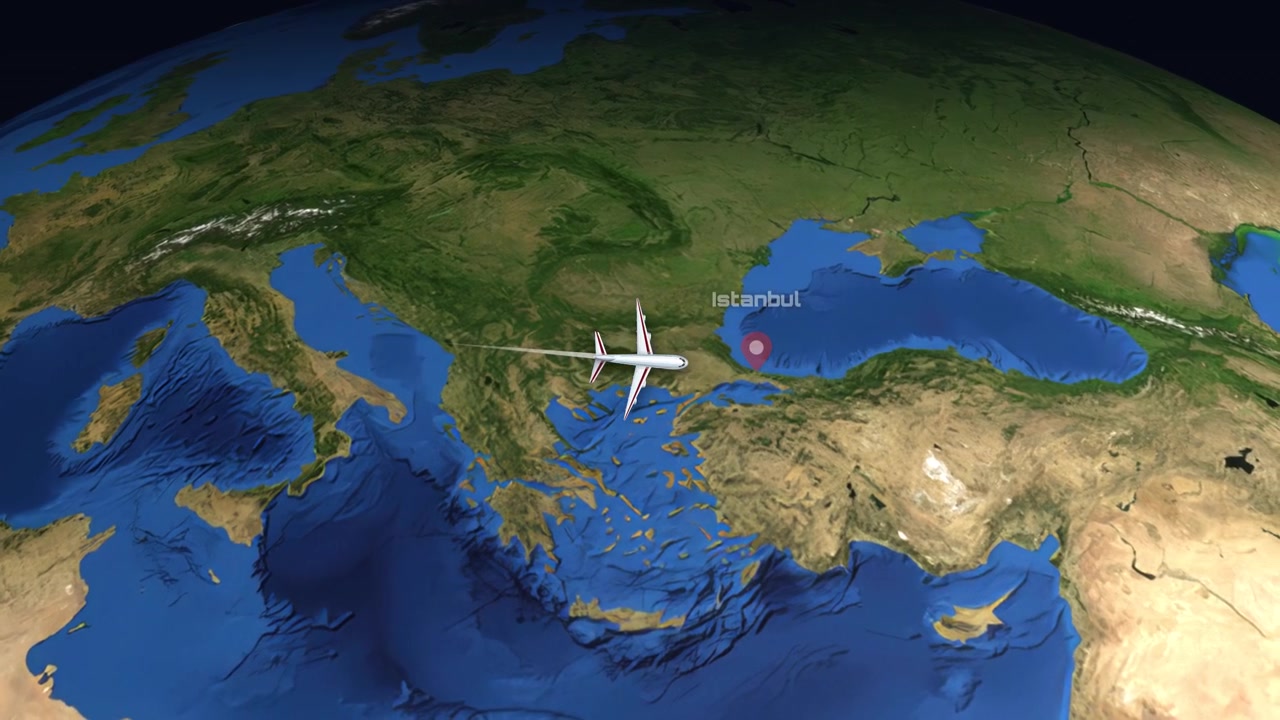 A 3D globe animation tracks a commercial airplane flying from Madrid across Europe to Istanbul