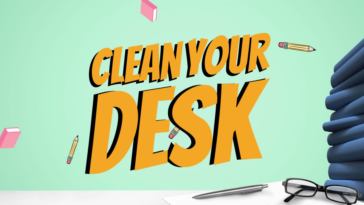 Animation of clean your desk text over books and office items on green background