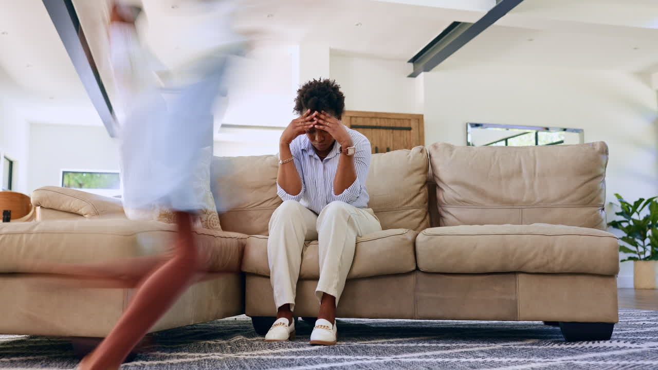 Running, children mother on a sofa with stress