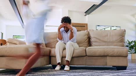 running, children mother on a sofa with stress