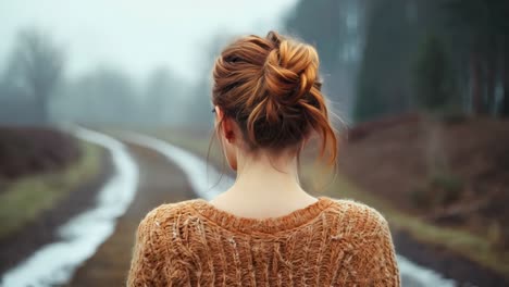 a woman with her back to the camera looking out over a river