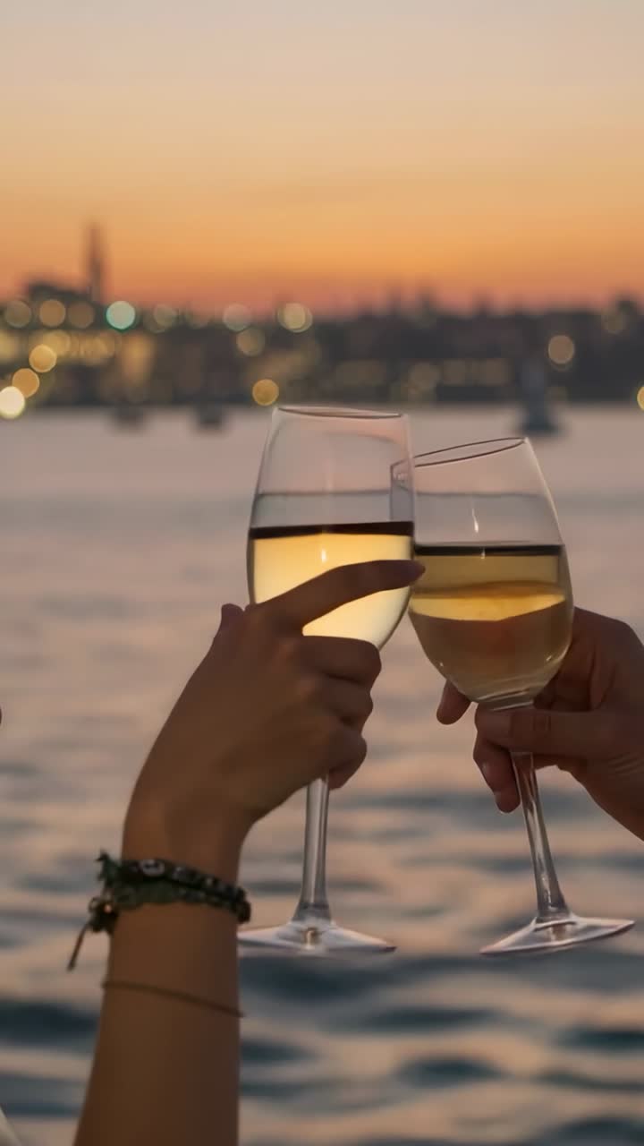 Video verticale: brindisi con calici di vino al molo, i braccialetti catturano il tramonto