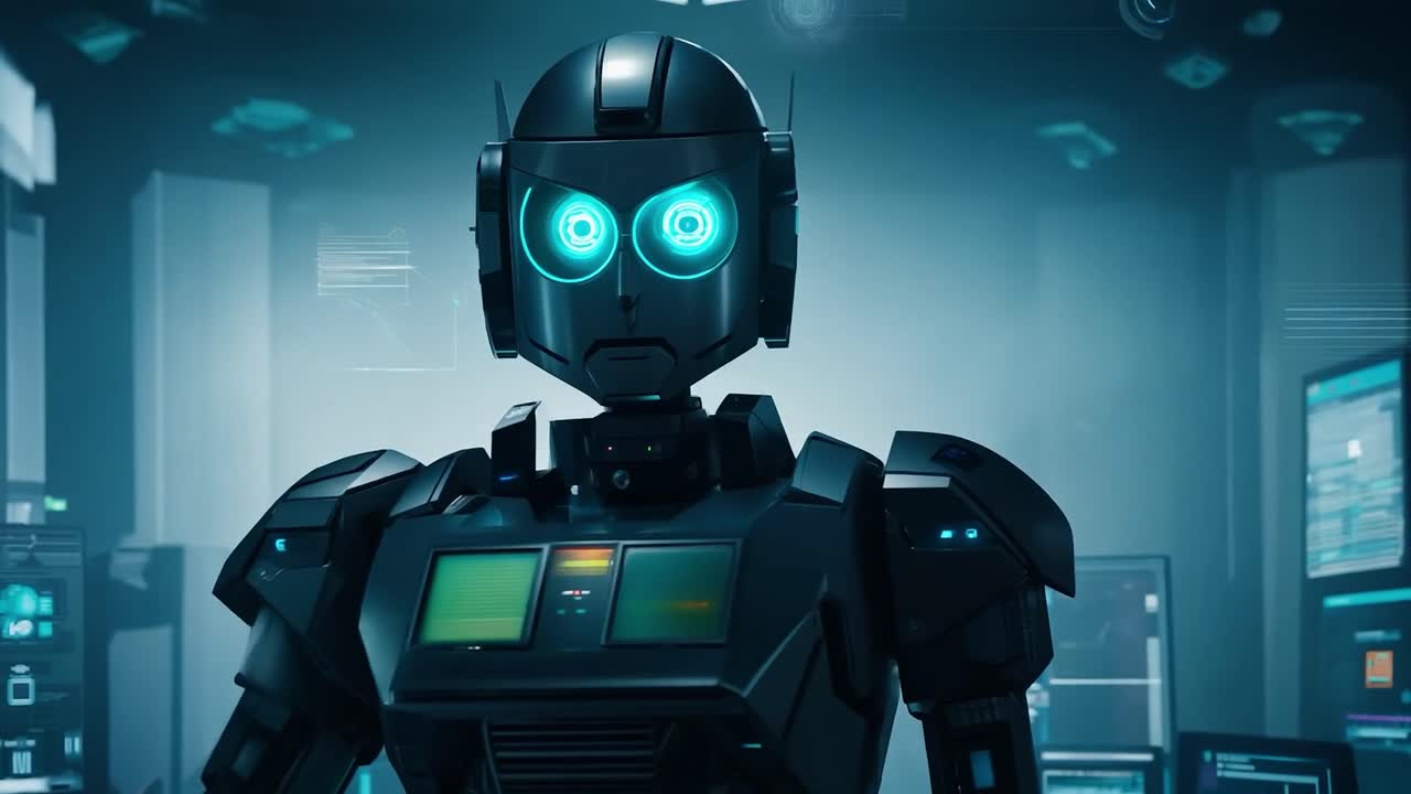Un robot futuristico con occhi luminosi si erge in una stanza in penombra