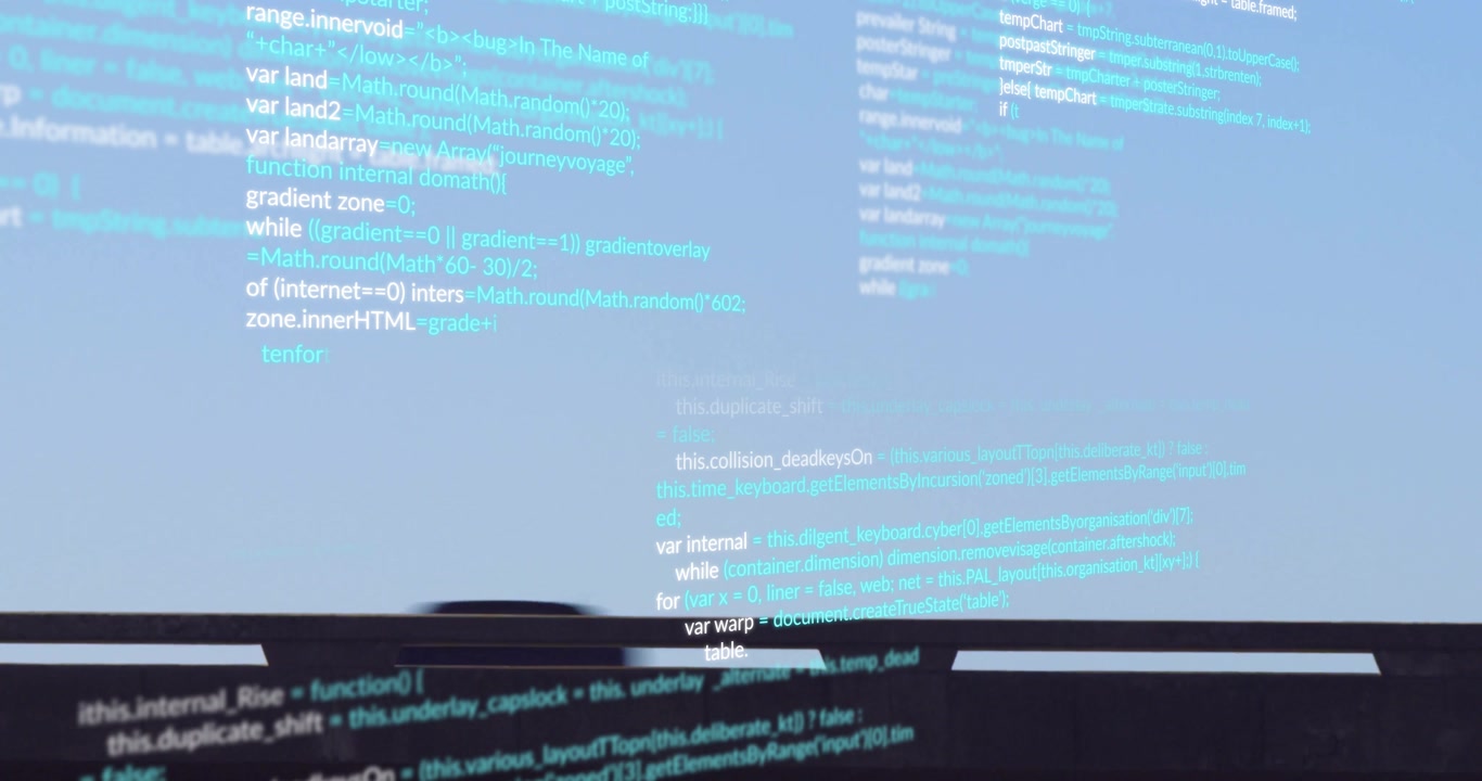 Aqua code lines emerging, scrolling upward while bus silhouette passing bar illustrating data flow