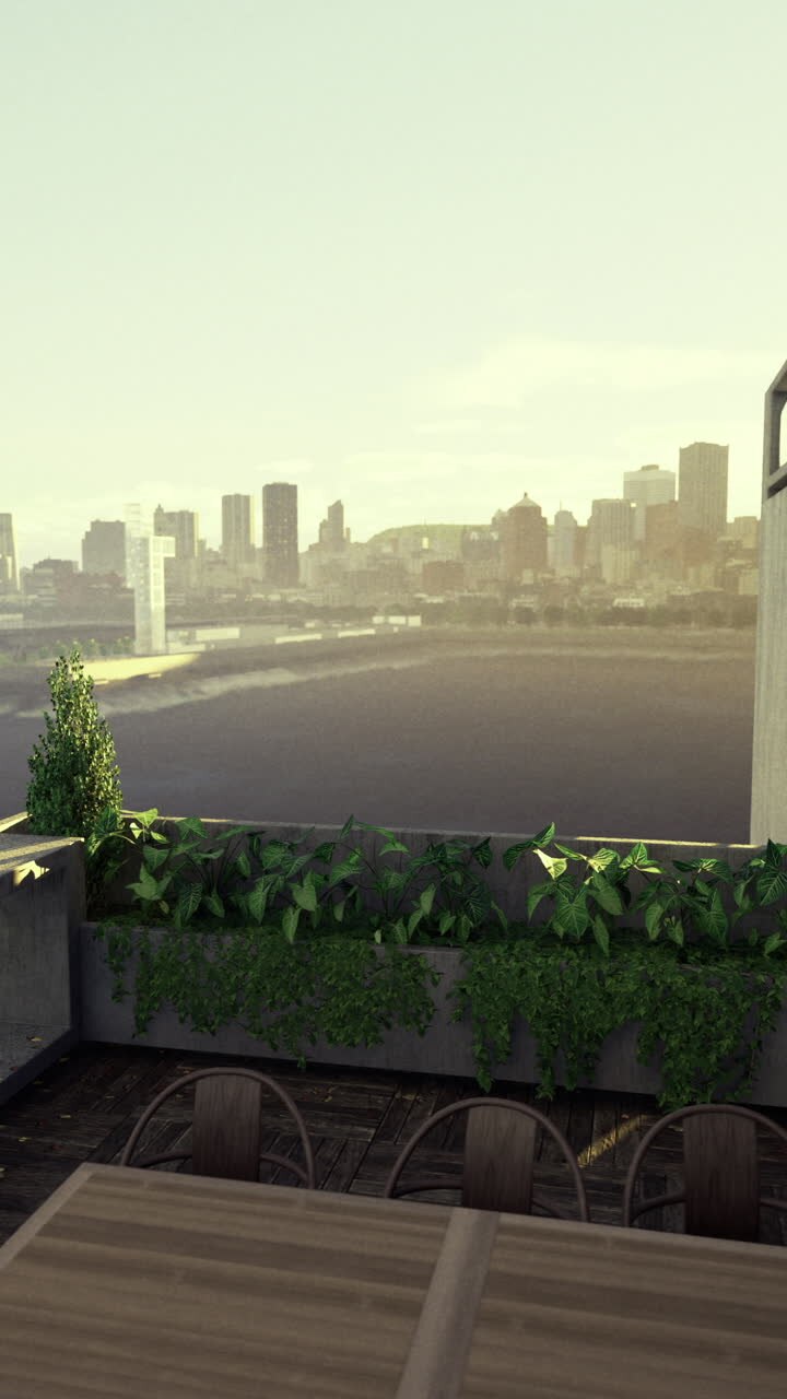 City skyline viewed from a modern terrace with greenery during sunset